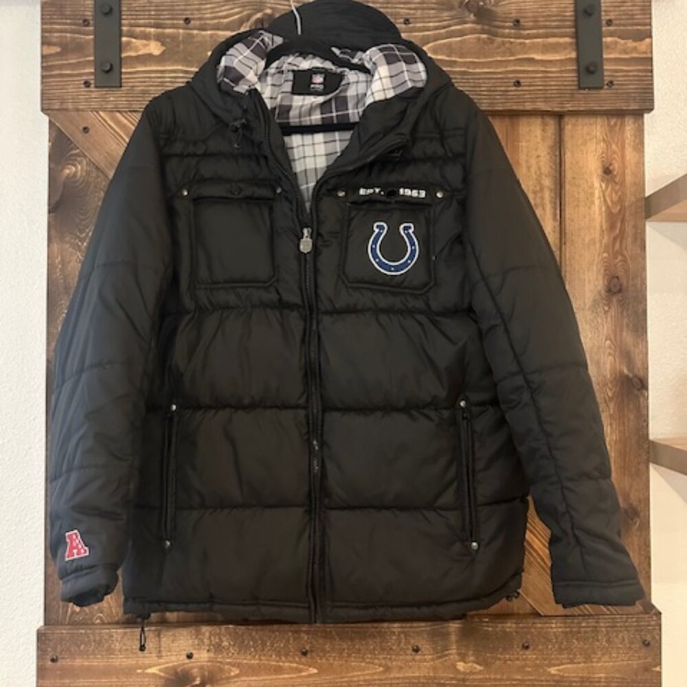 NFL Pro Line Indianapolis Colts Puffer Jacket Hooded Black Inside Plaid XL